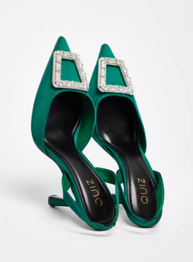 Green Satin Brooch Court Heels